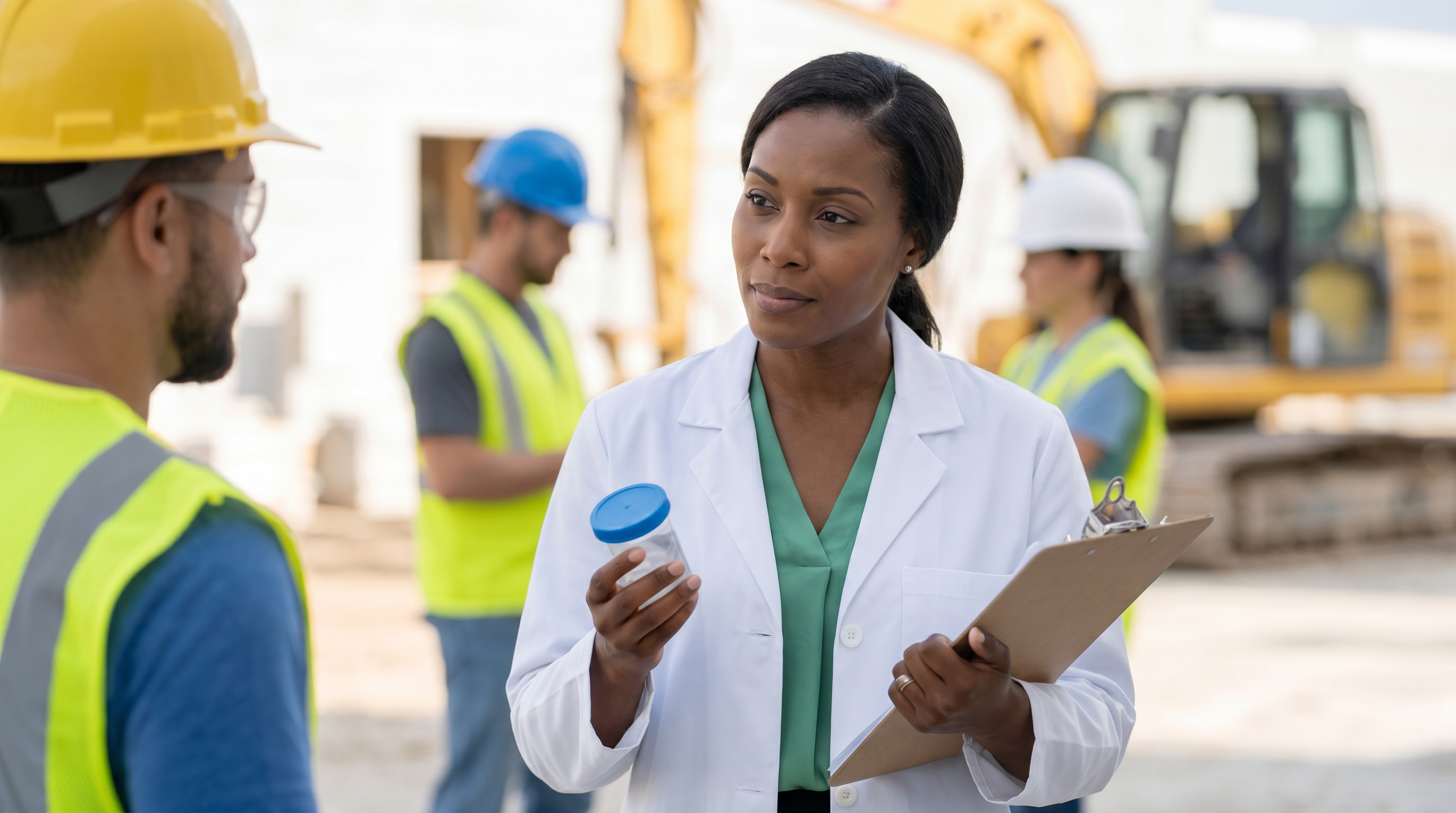 Certified collector conducting an on-site drug screening at a construction job site
