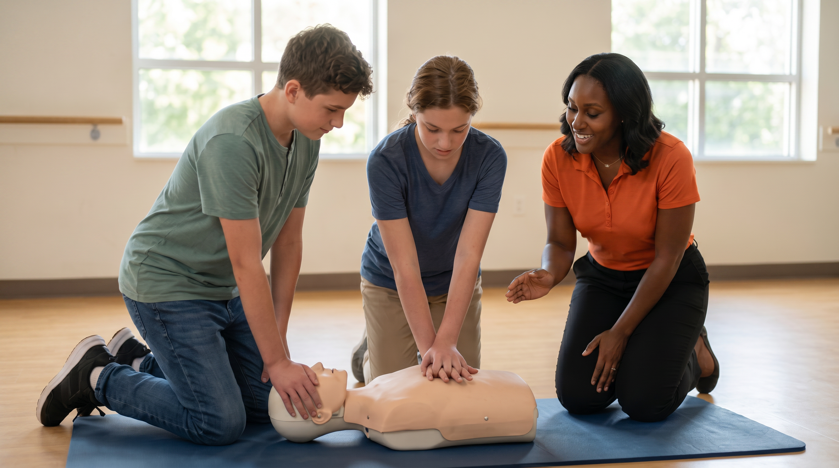Students practicing CPR on a manikin with their instructor